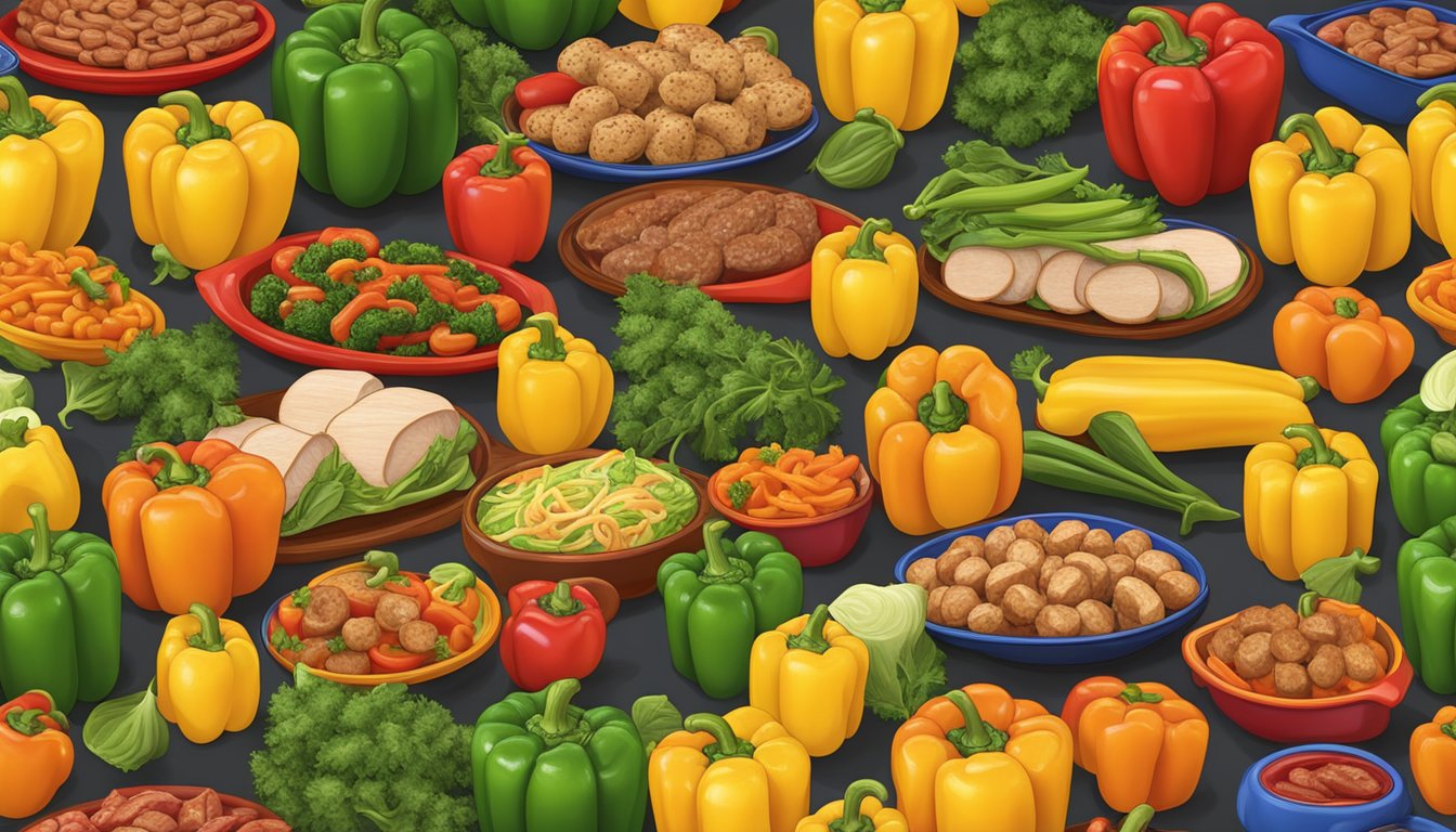 A colorful array of bell peppers filled with turkey sausage and assorted vegetables, arranged on a serving platter