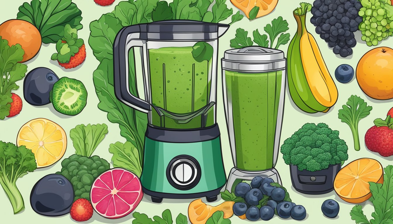 A colorful array of leafy greens, fruits, and ingredients arranged around a blender, with a glass of vibrant green kale smoothie in the center