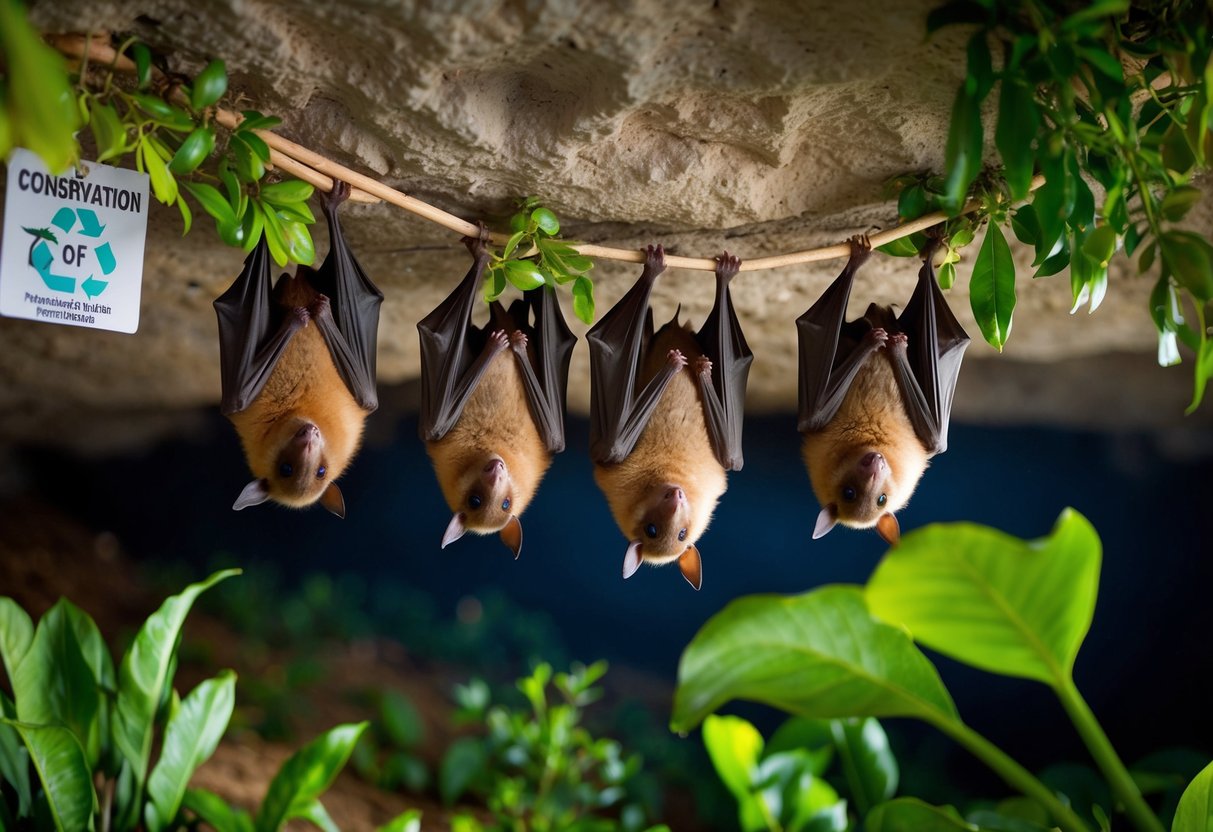 A group of bats peacefully roosting in a cave, surrounded by lush vegetation and signs of conservation efforts