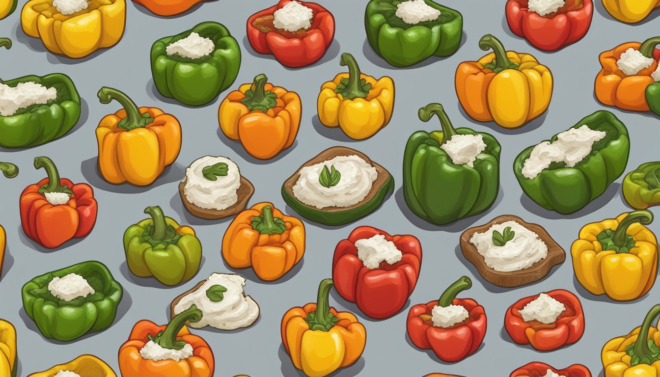 A colorful array of bell peppers filled with mushroom and goat cheese mixture, arranged on a baking sheet