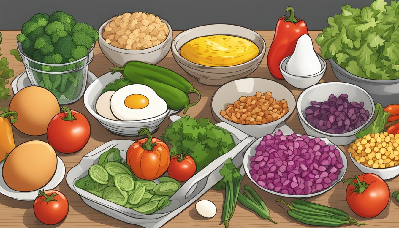 A colorful array of fresh vegetables, eggs, and lean proteins arranged on a kitchen counter, ready to be used in diabetic-friendly breakfast stuffed pepper recipes