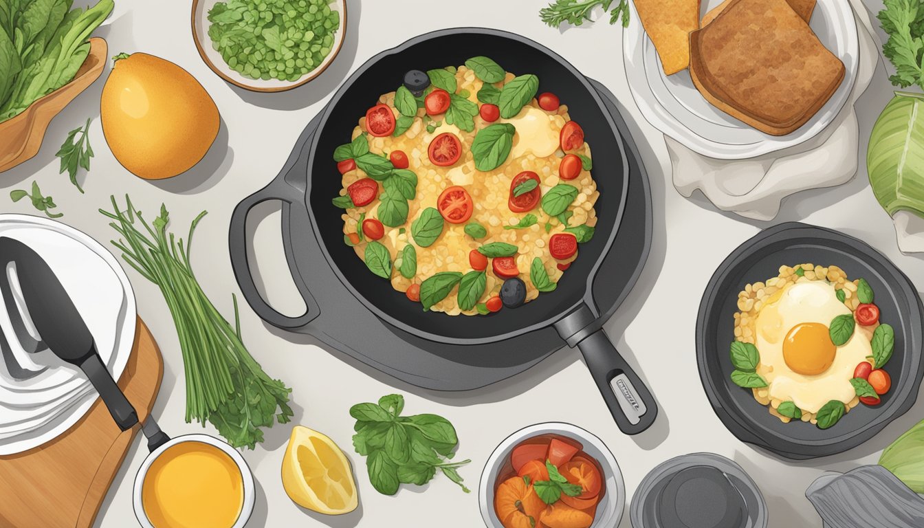 A kitchen counter with a variety of fresh ingredients and a skillet, with a cookbook open to a page titled "Diabetic-Friendly Breakfast Skillet Recipes."