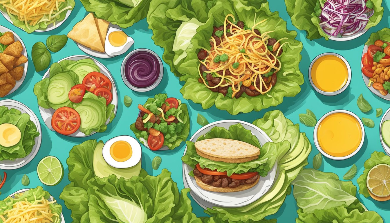 A colorful array of lettuce tacos filled with various ingredients, surrounded by leafy greens and breakfast items