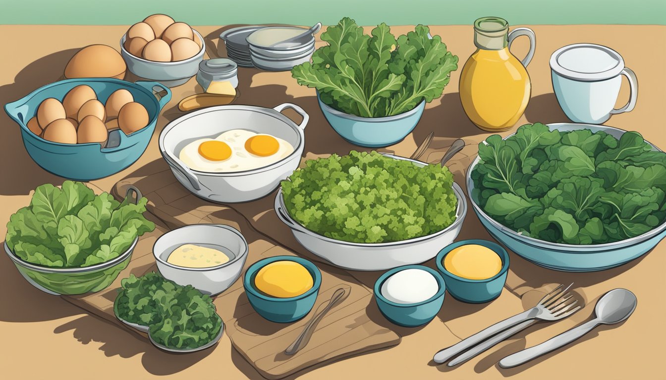 A colorful array of leafy greens, eggs, and baking dishes arranged on a kitchen counter