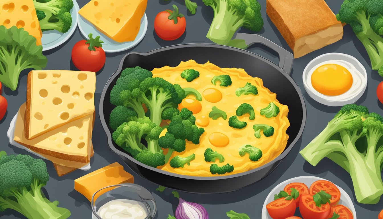 A sizzling omelette filled with vibrant green broccoli florets and melted cheddar cheese, surrounded by colorful breakfast vegetables