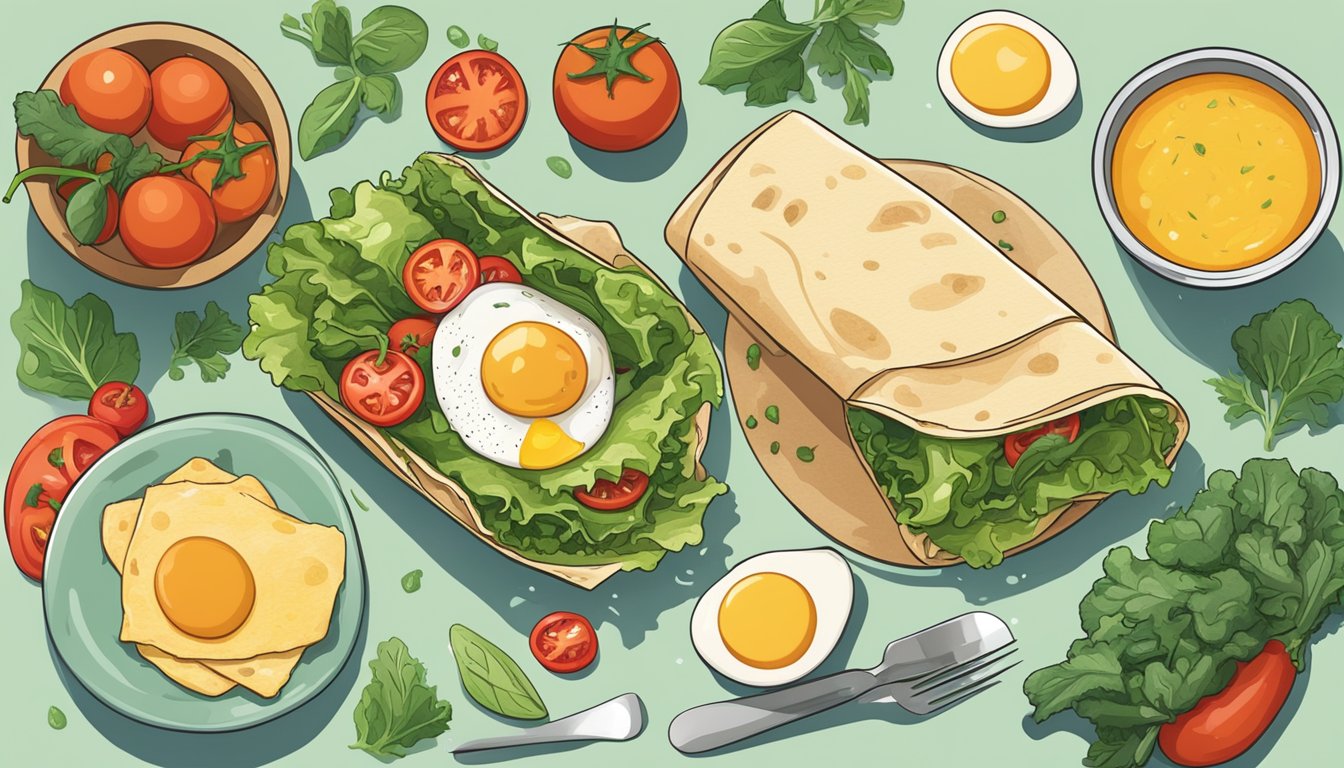 A colorful array of leafy greens, tomatoes, and eggs spilling out of a breakfast burrito, surrounded by various ingredients and cooking utensils