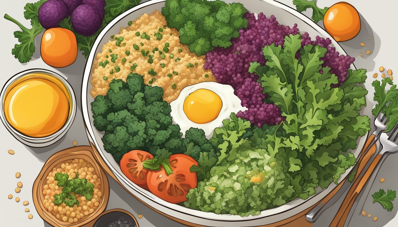 A colorful breakfast bowl filled with kale, quinoa, and various vegetables arranged in an artistic and appetizing manner