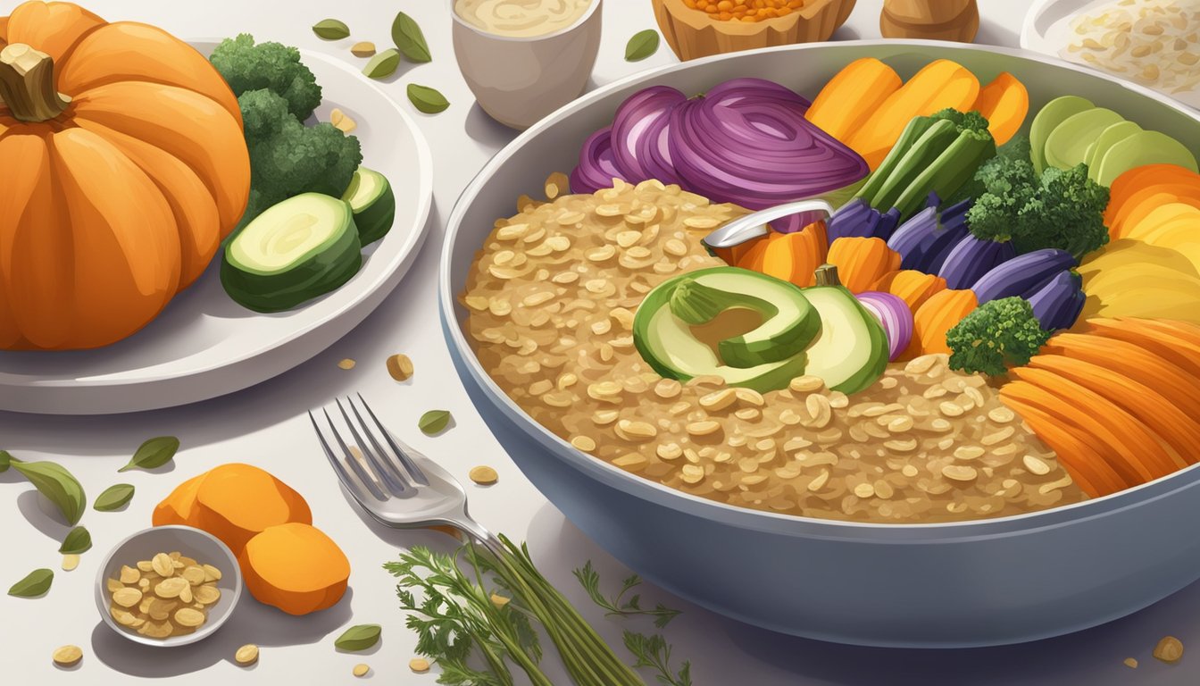 A bowl of pumpkin oatmeal surrounded by an assortment of colorful vegetables, arranged in an artistic and appetizing display