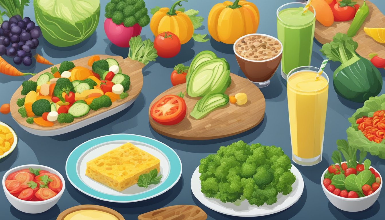 A colorful array of vegetables arranged on a breakfast table, with various creative preparations such as smoothies, omelets, and veggie-packed muffins