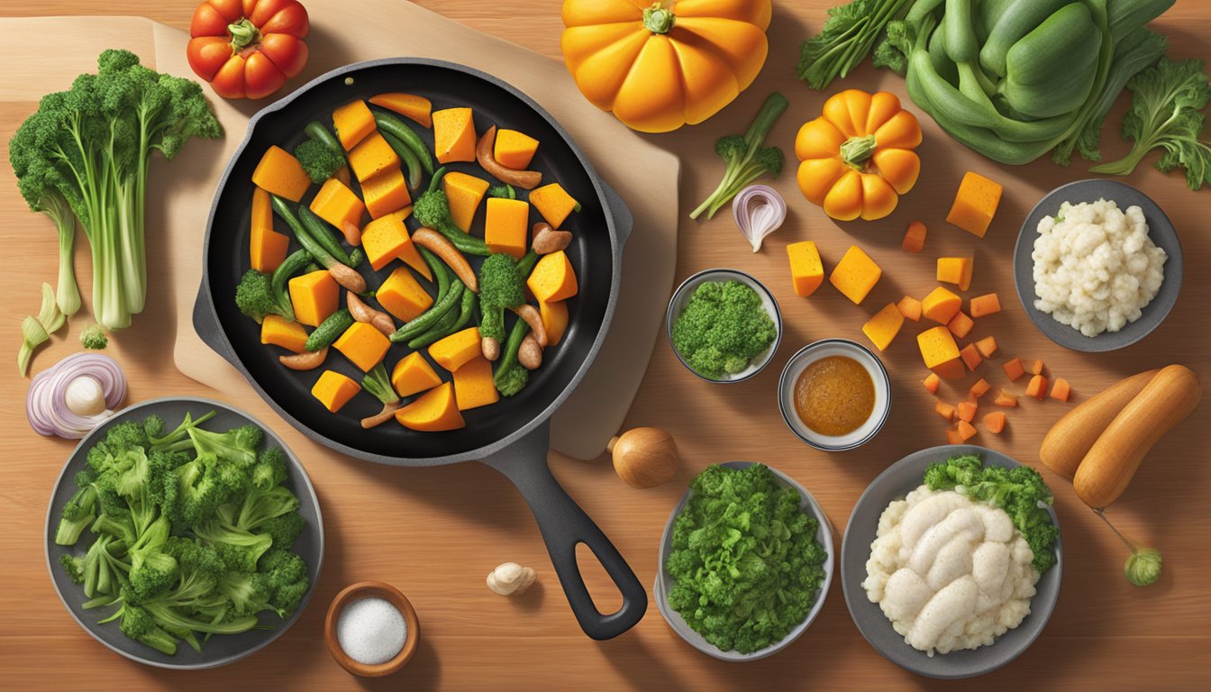 A skillet with butternut squash, turkey, and various vegetables sizzling together over a stovetop