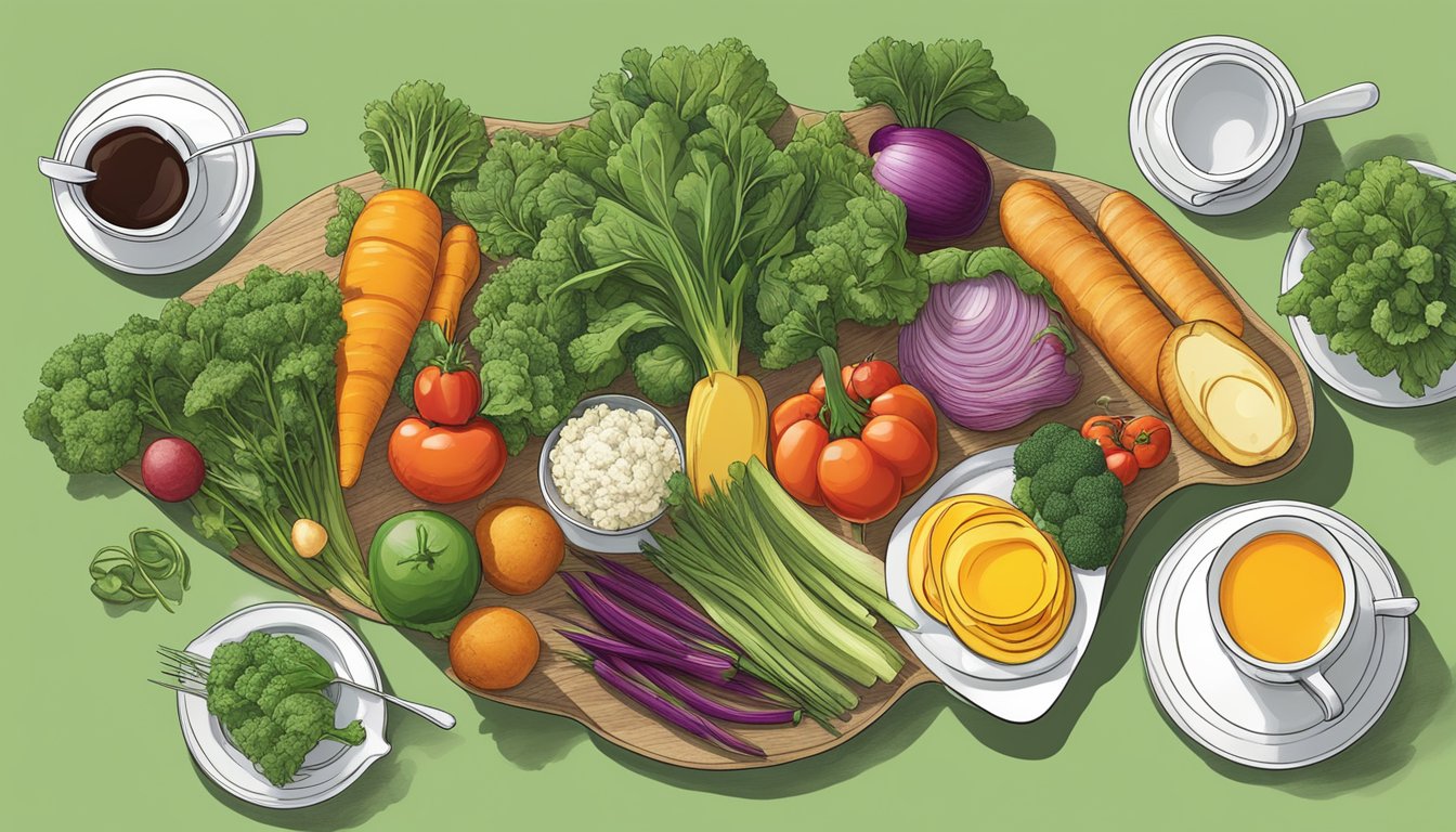 A colorful array of vegetables arranged in a breakfast setting, showcasing various cooking methods and textures