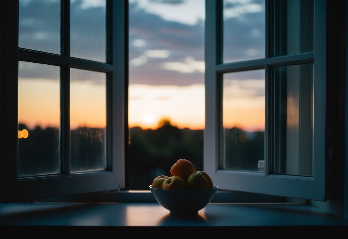 A window left open at dusk with a dim light inside. A bowl of overripe fruit sits on the table