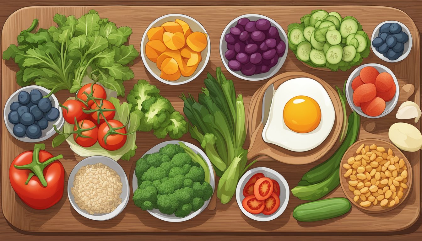 A colorful array of fresh vegetables, lean proteins, and whole grains arranged on a wooden cutting board, ready to be transformed into six delicious and nutritious diabetic-friendly breakfast hashes