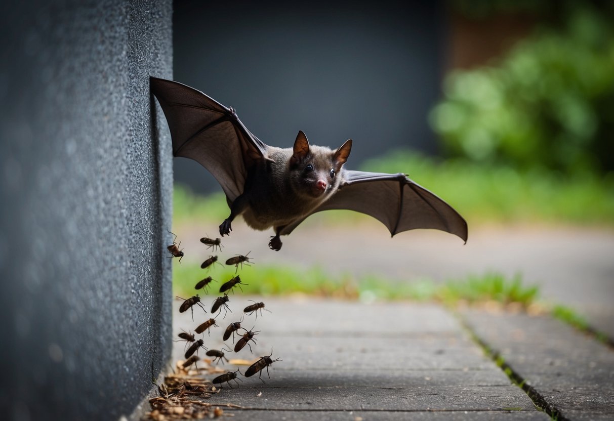 A bat flies out of a dark corner, enticed by a trail of insects leading outside