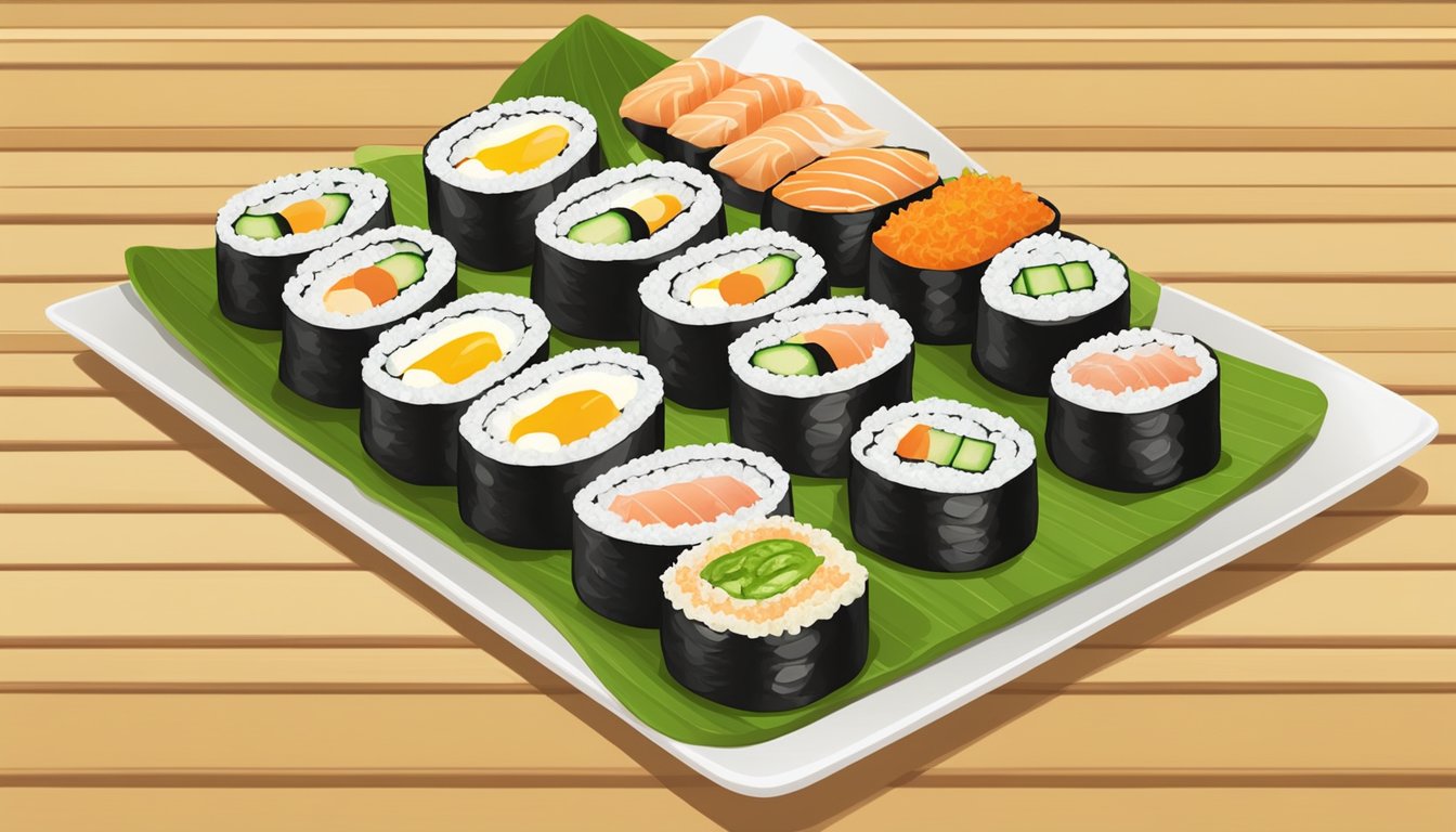 A plate of colorful sushi rolls arranged on a bamboo mat, featuring cucumber and egg white as the main ingredients