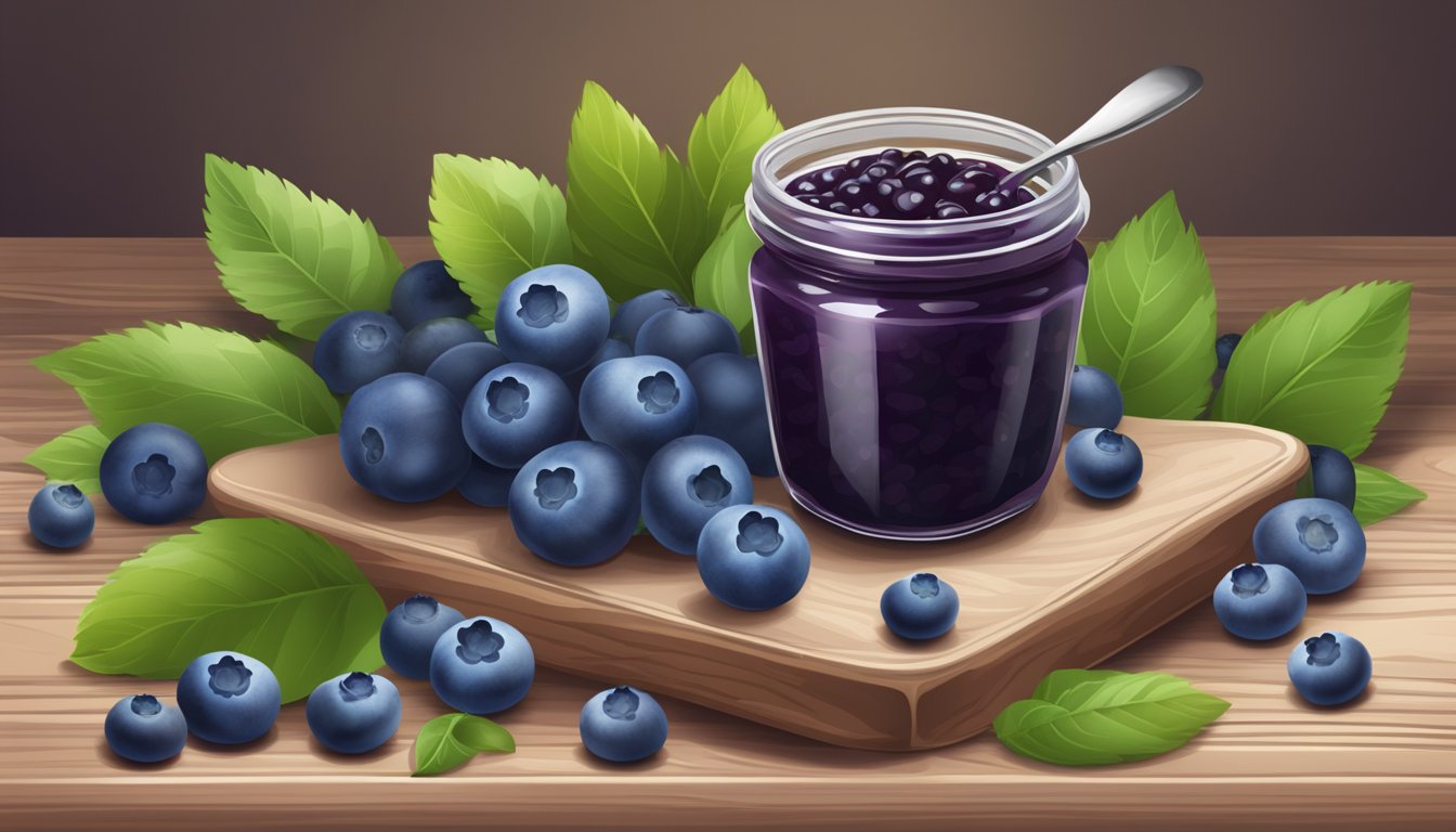 A jar of sugar-free blueberry jam surrounded by fresh blueberries and green leaves on a wooden table