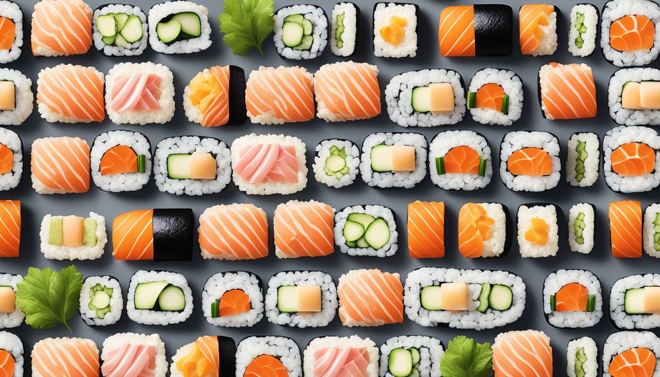 A colorful array of sushi rolls filled with cauliflower rice and various vegetables, neatly arranged on a sleek, modern platter