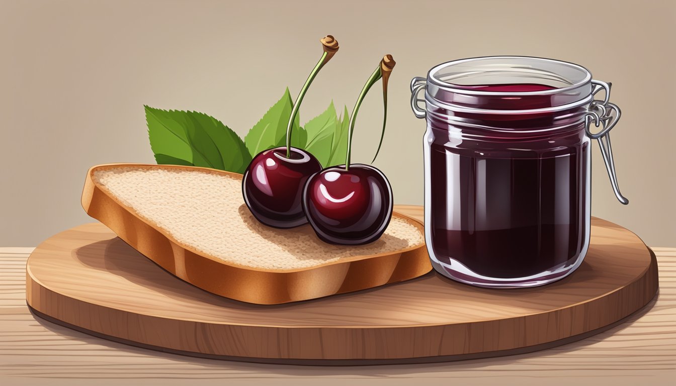 A jar of ChocZero Black Cherry Jelly surrounded by fresh cherries and a slice of whole wheat bread on a wooden cutting board