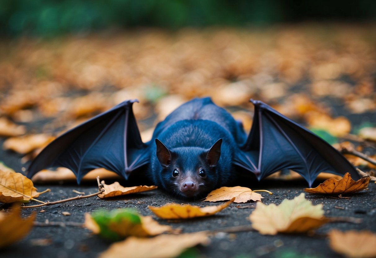 A bat lies on the ground, wings spread, surrounded by fallen leaves and twigs