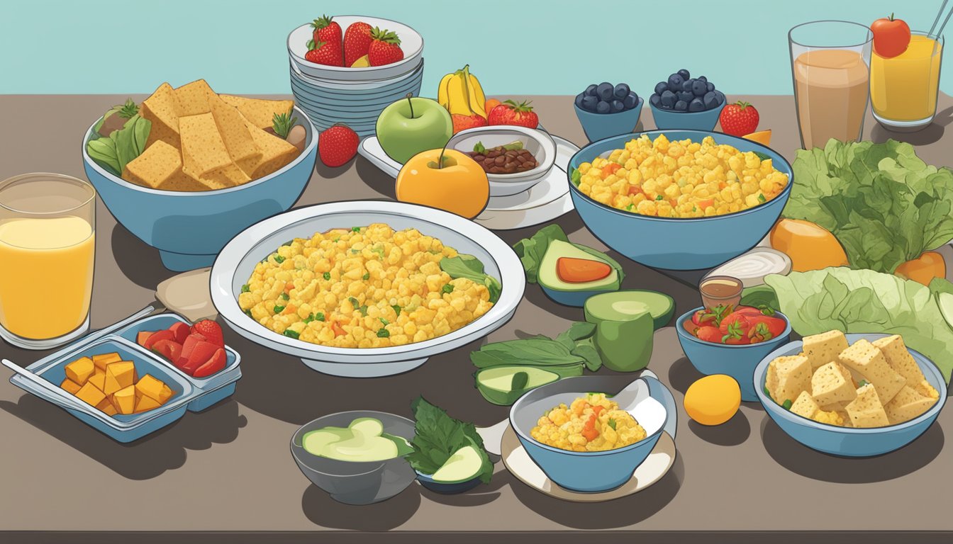 A breakfast table with a variety of tofu dishes, including tofu scramble, smoothie, and tofu-stuffed breakfast burrito. Fruits and vegetables are also displayed to show a balanced diabetic diet