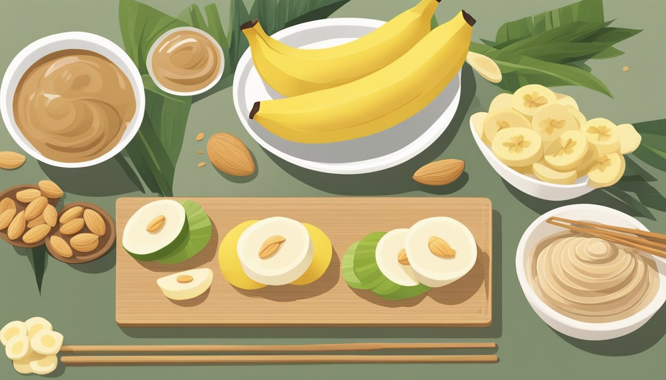 A bamboo sushi rolling mat with sliced bananas, almond butter, and other diabetic-friendly ingredients laid out for assembly