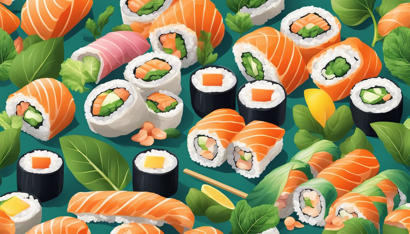 A plate of sushi rolls with spinach and mushroom filling, surrounded by colorful and vibrant ingredients