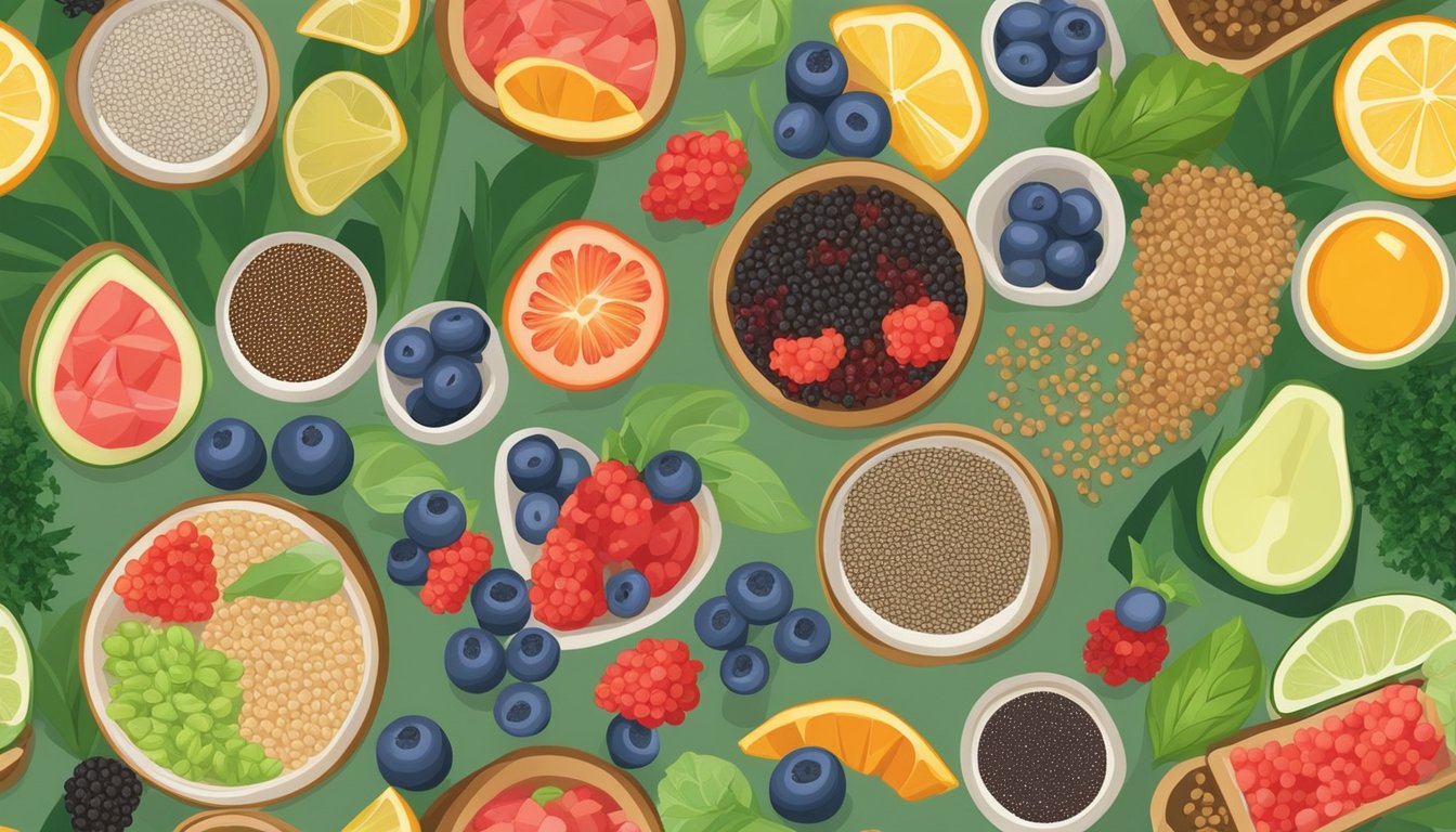 A colorful array of chia seeds, berries, and other fresh ingredients arranged on a bamboo sushi rolling mat