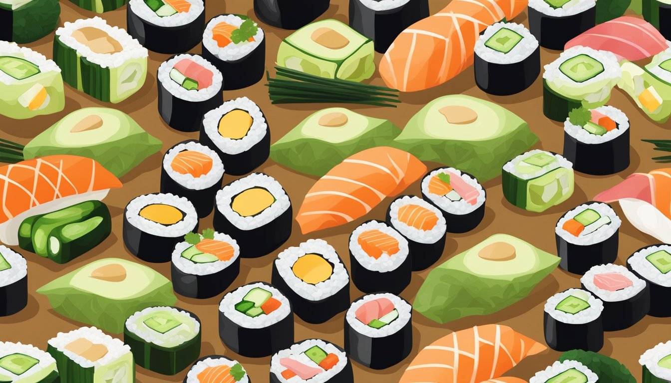 A colorful array of sushi rolls arranged on a bamboo mat, featuring a variety of fresh and healthy ingredients such as avocado, cucumber, and lean protein, all neatly wrapped in seaweed and rice