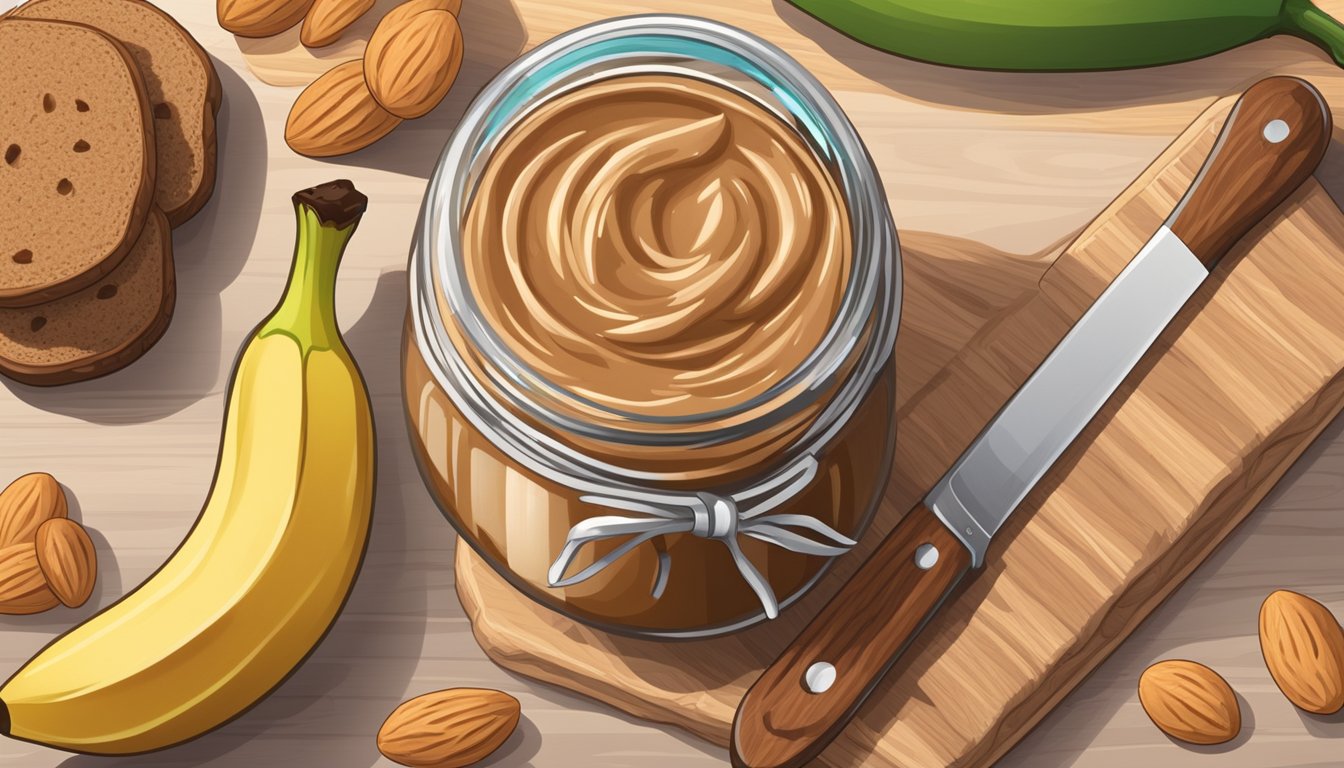 A glass jar of almond butter sits next to a ripe banana on a wooden cutting board, surrounded by slices of whole grain bread and a knife