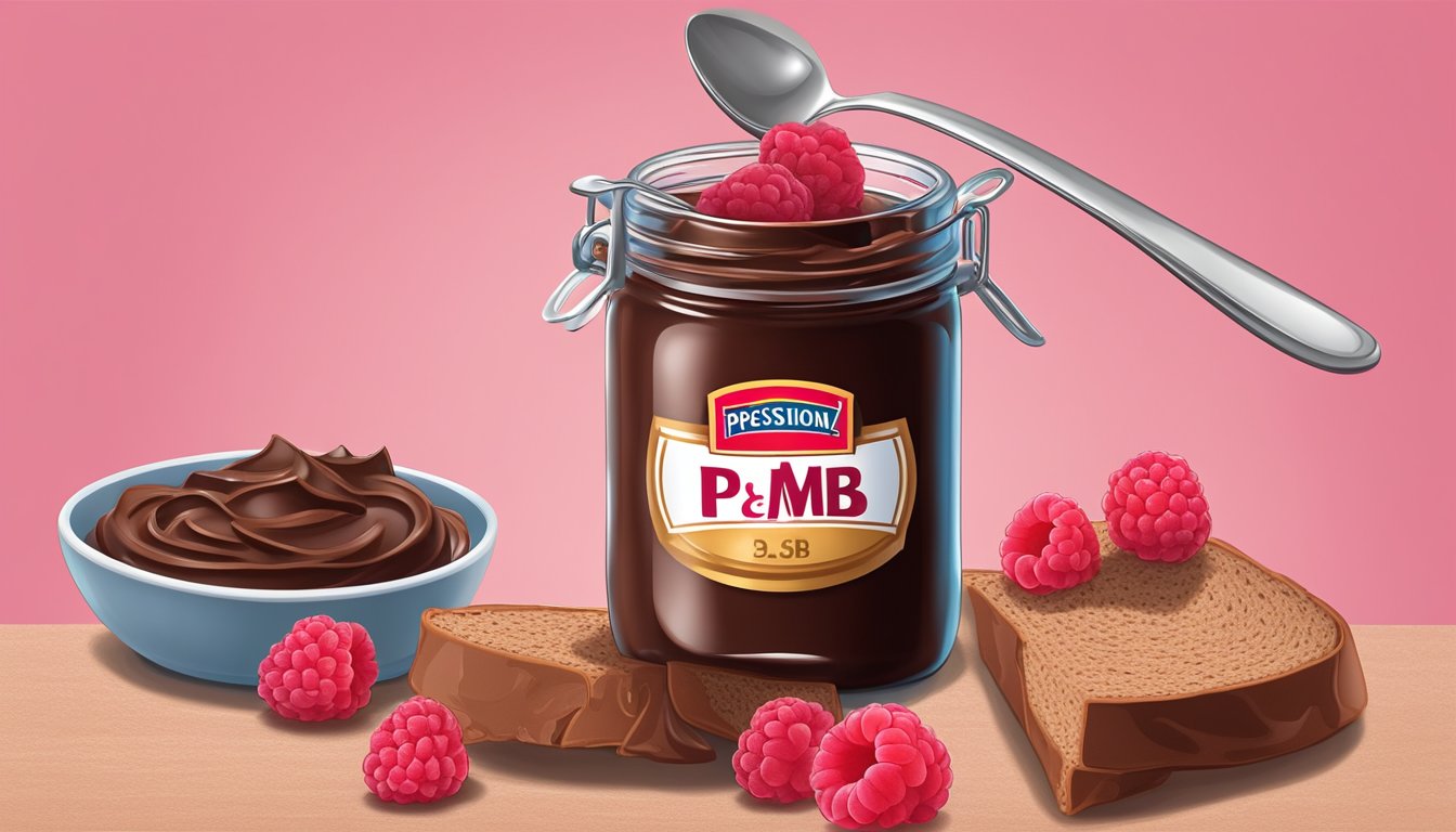 A jar of PB&Me Sugar-Free Raspberry Chocolate Spread surrounded by fresh raspberries and dark chocolate, with a spoonful spread on a slice of whole grain bread