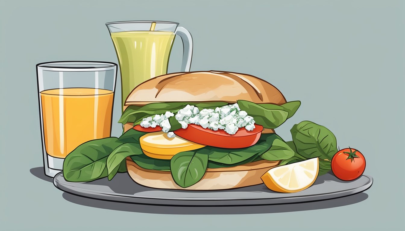 A breakfast sandwich with spinach and feta on whole wheat bread, surrounded by fresh ingredients like tomatoes and lettuce, with a glass of orange juice on the side