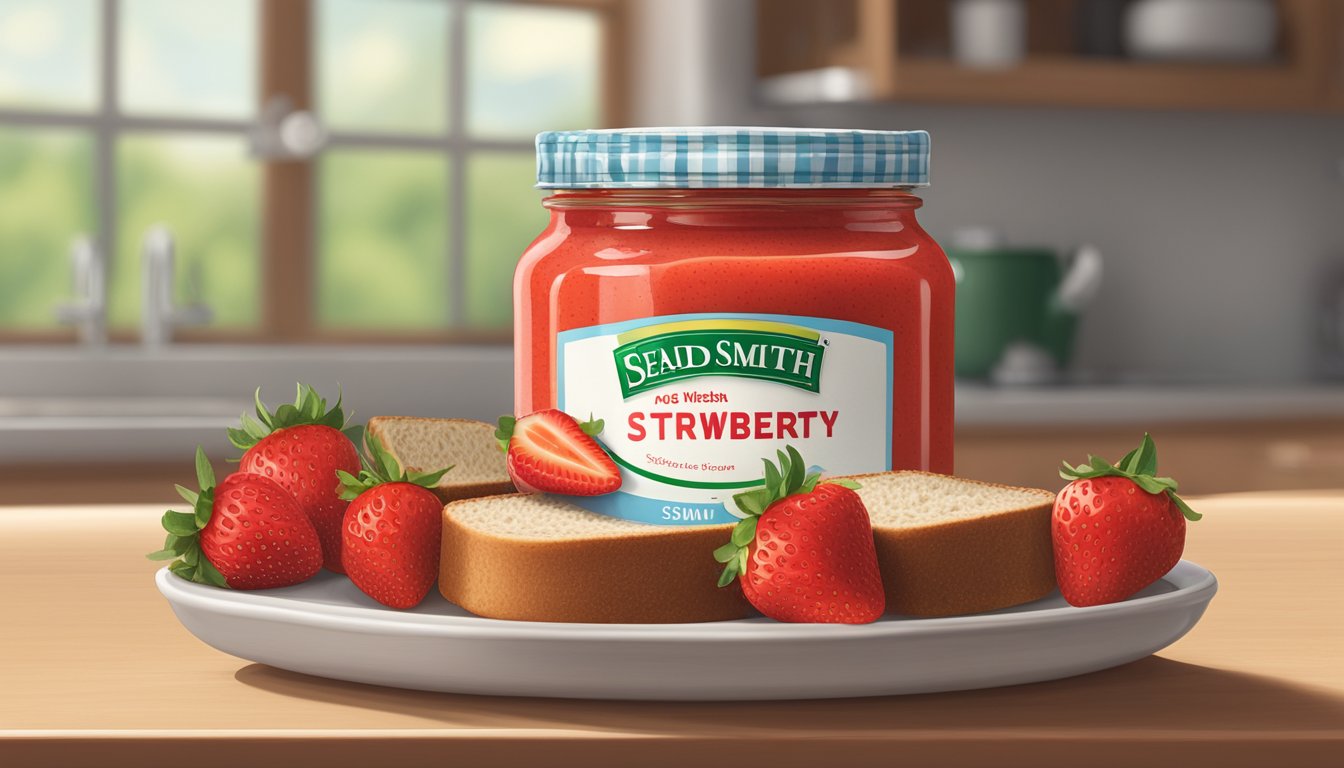 A jar of E.D. Smith No Sugar Added Strawberry Spread surrounded by fresh strawberries and a slice of whole wheat bread