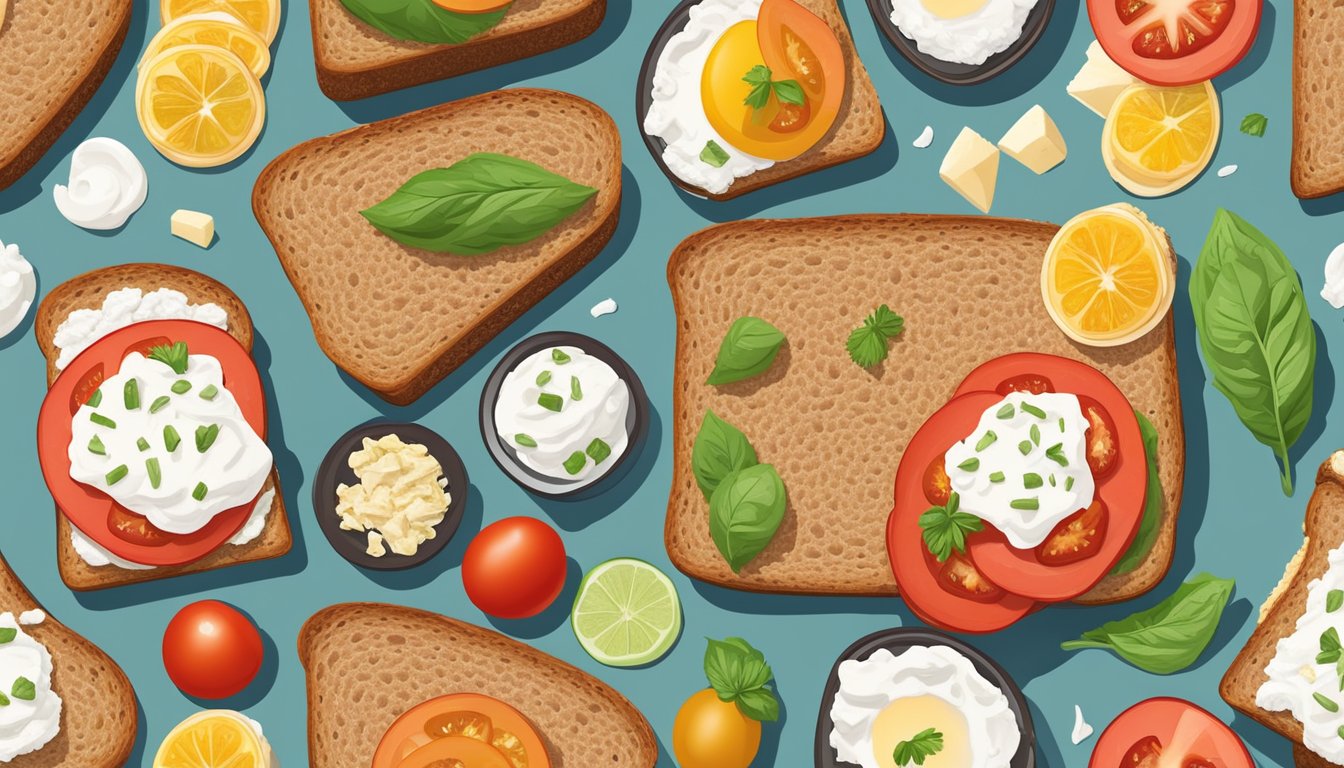 A slice of whole grain toast topped with cottage cheese and sliced tomatoes, surrounded by a variety of colorful and fresh breakfast sandwich alternatives