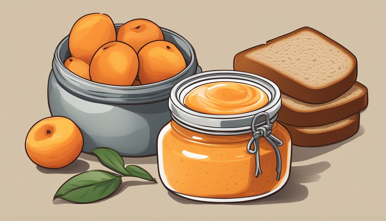 A jar of Crofter's Organic Just Fruit Spread Apricot surrounded by fresh apricots and a slice of whole grain bread