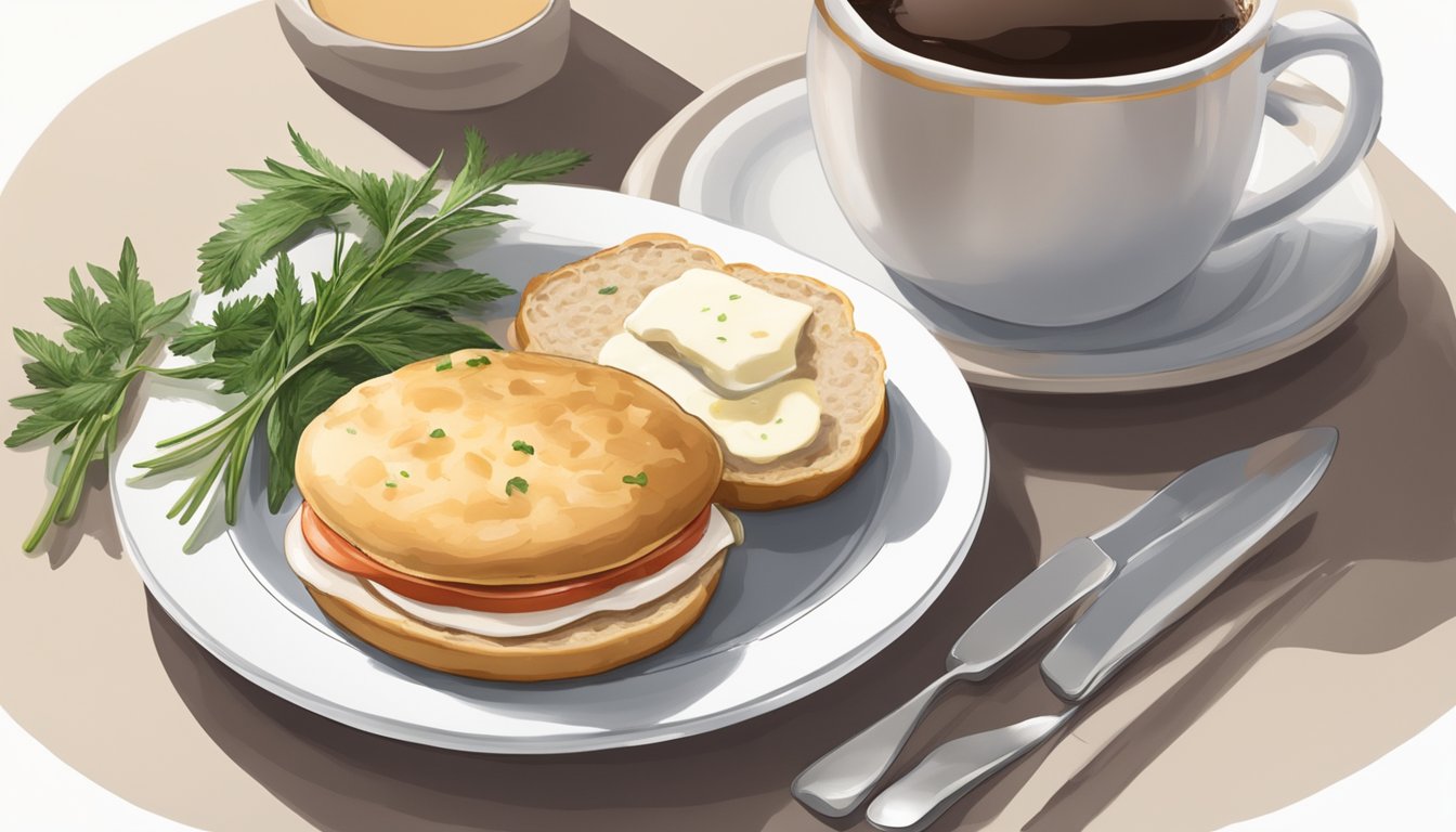 A golden-brown English muffin topped with turkey, melted Swiss cheese, and a sprinkle of fresh herbs, sitting on a white plate next to a cup of hot coffee