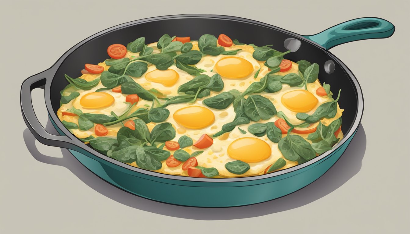 A colorful veggie omelet sizzling in a skillet, filled with cheese and spinach. Leftover ingredients scattered nearby