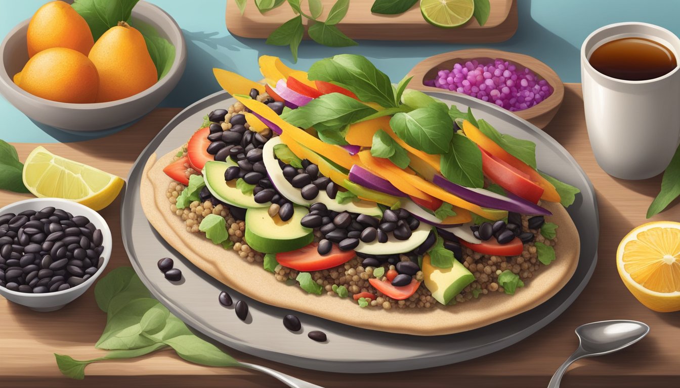 A colorful spread of quinoa, black beans, and fresh vegetables on a whole grain pita, surrounded by vibrant fruits and a cup of tea