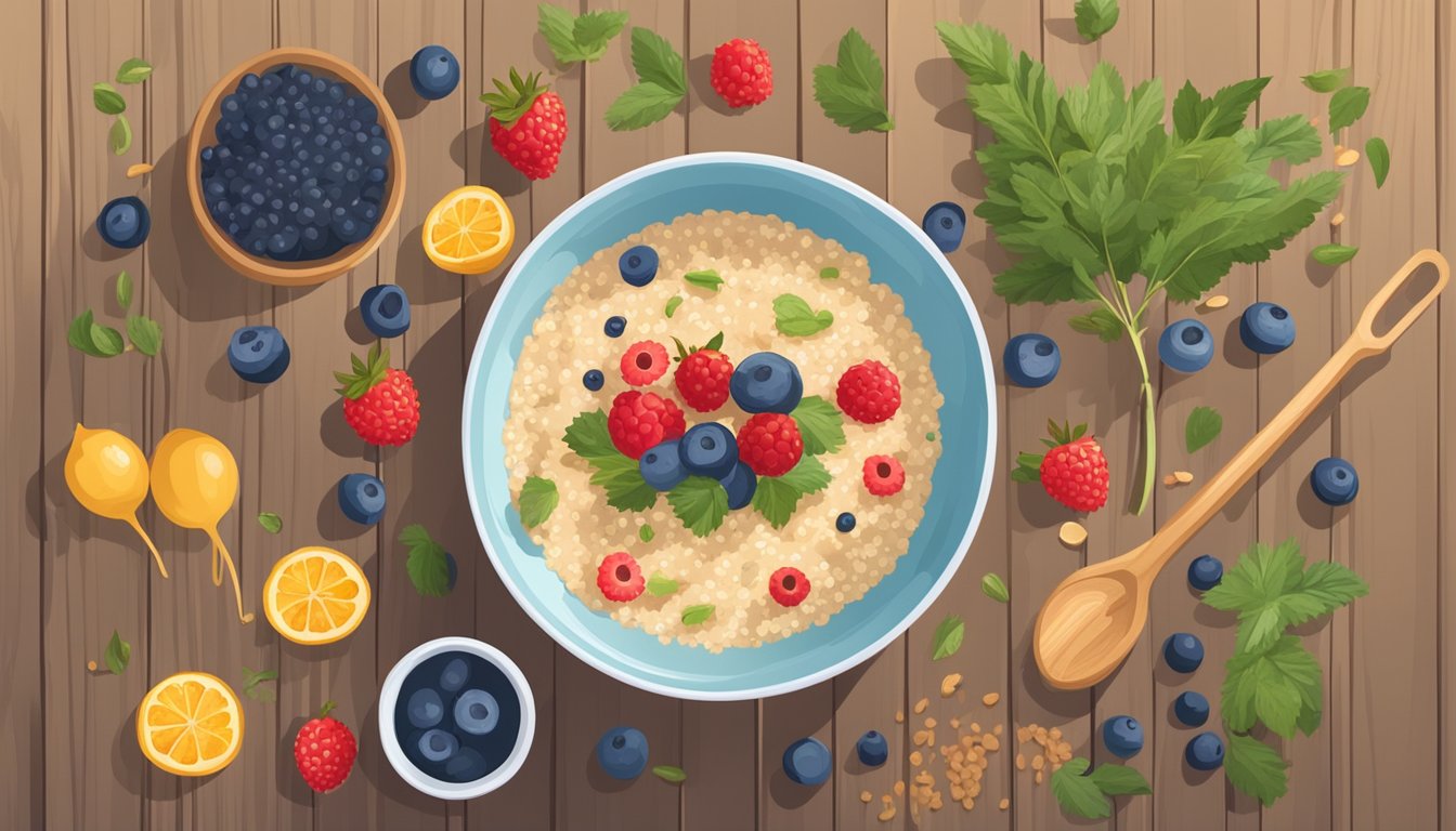 A bowl of quinoa porridge topped with fresh berries sits on a wooden table, surrounded by scattered ingredients and kitchen utensils