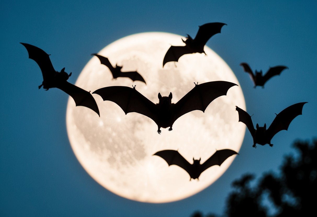 A group of bats flying through a moonlit sky, silhouetted against the night