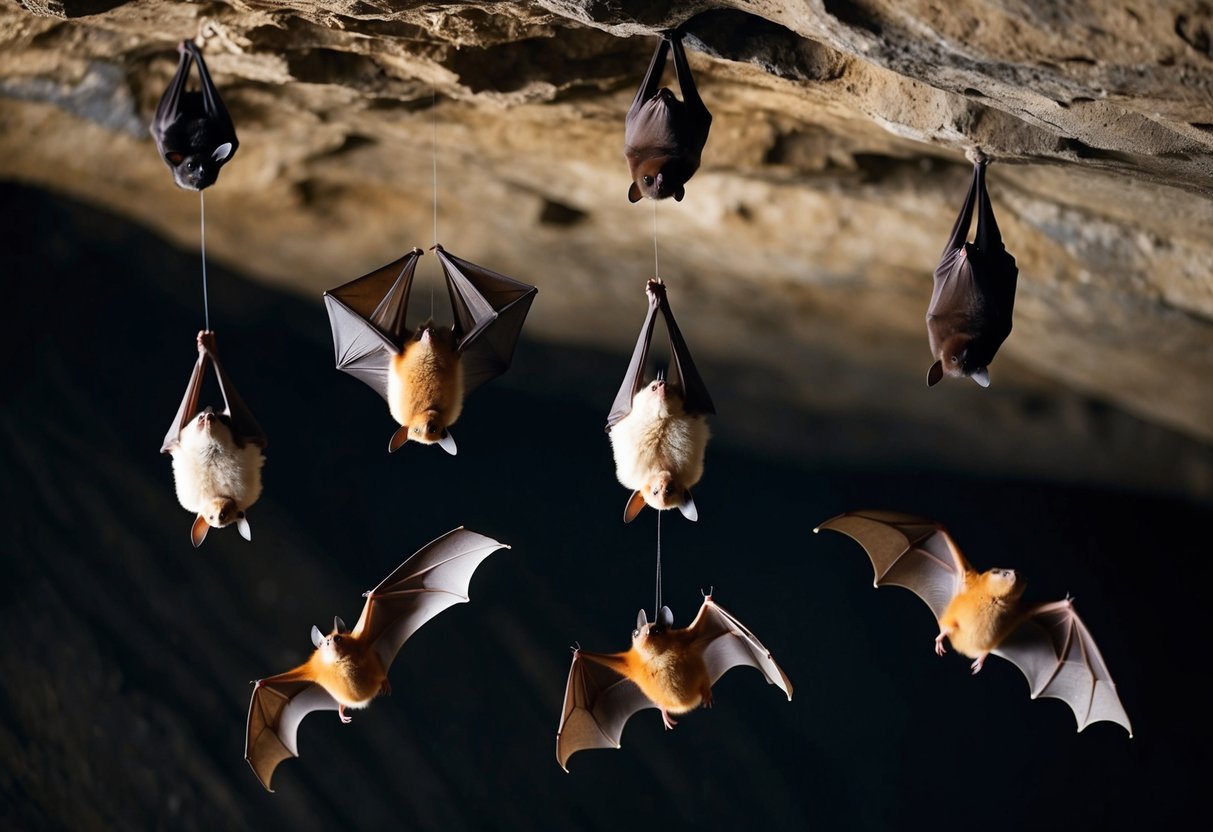A variety of bat species in flight, hanging upside down, and roosting in a cave
