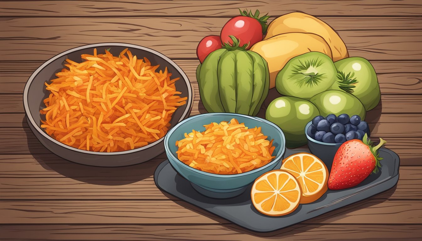 A colorful plate of sweet potato hash browns with a side of fresh fruit, set on a rustic wooden table