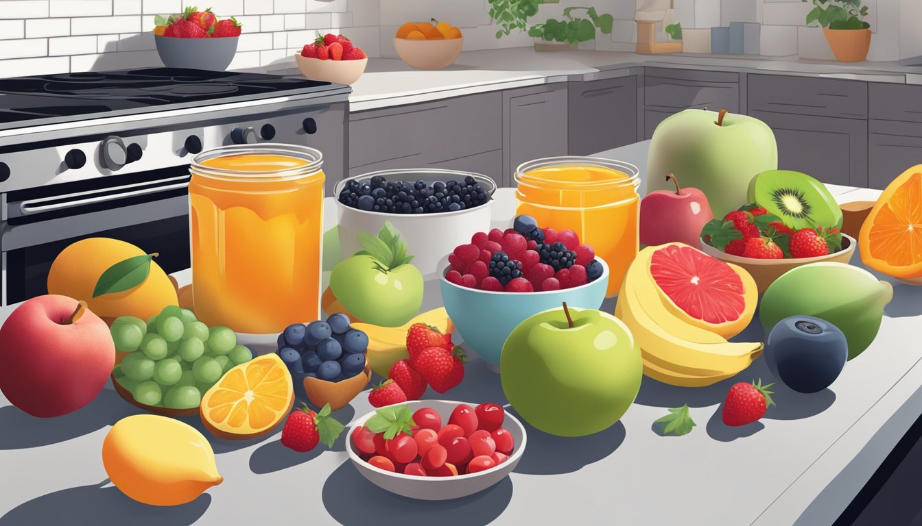 A colorful array of fresh fruits and berries being blended into a thick, low-sugar jam in a modern kitchen