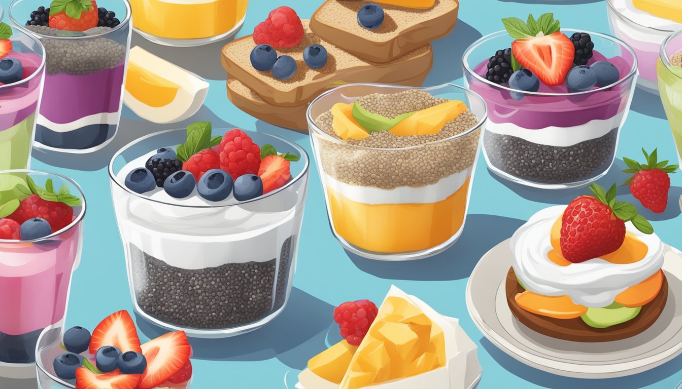 A glass parfait dish filled with layers of chia seeds, Greek yogurt, and fresh berries, surrounded by a variety of colorful and healthy breakfast sandwich alternatives