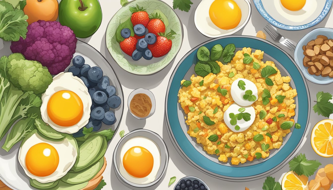 A colorful plate with a cauliflower rice scramble surrounded by various breakfast leftovers, such as eggs, vegetables, and fruit