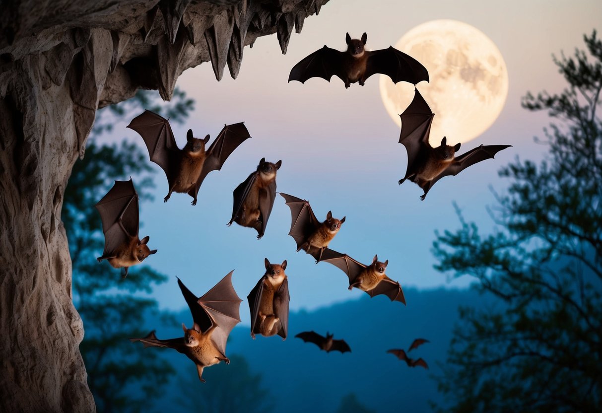 A group of bats in a cave, some flying and others hanging upside down, with trees and a full moon in the background