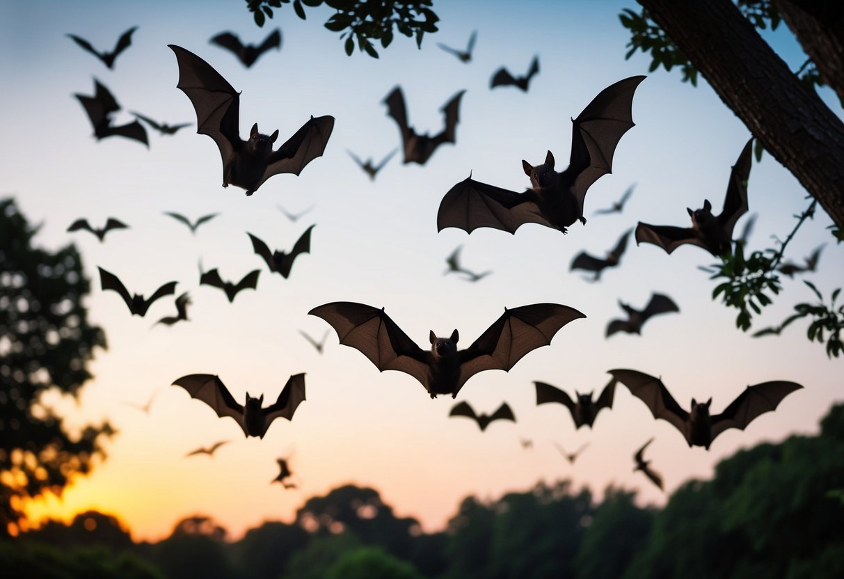 A colony of bats flitting among trees and catching insects at dusk