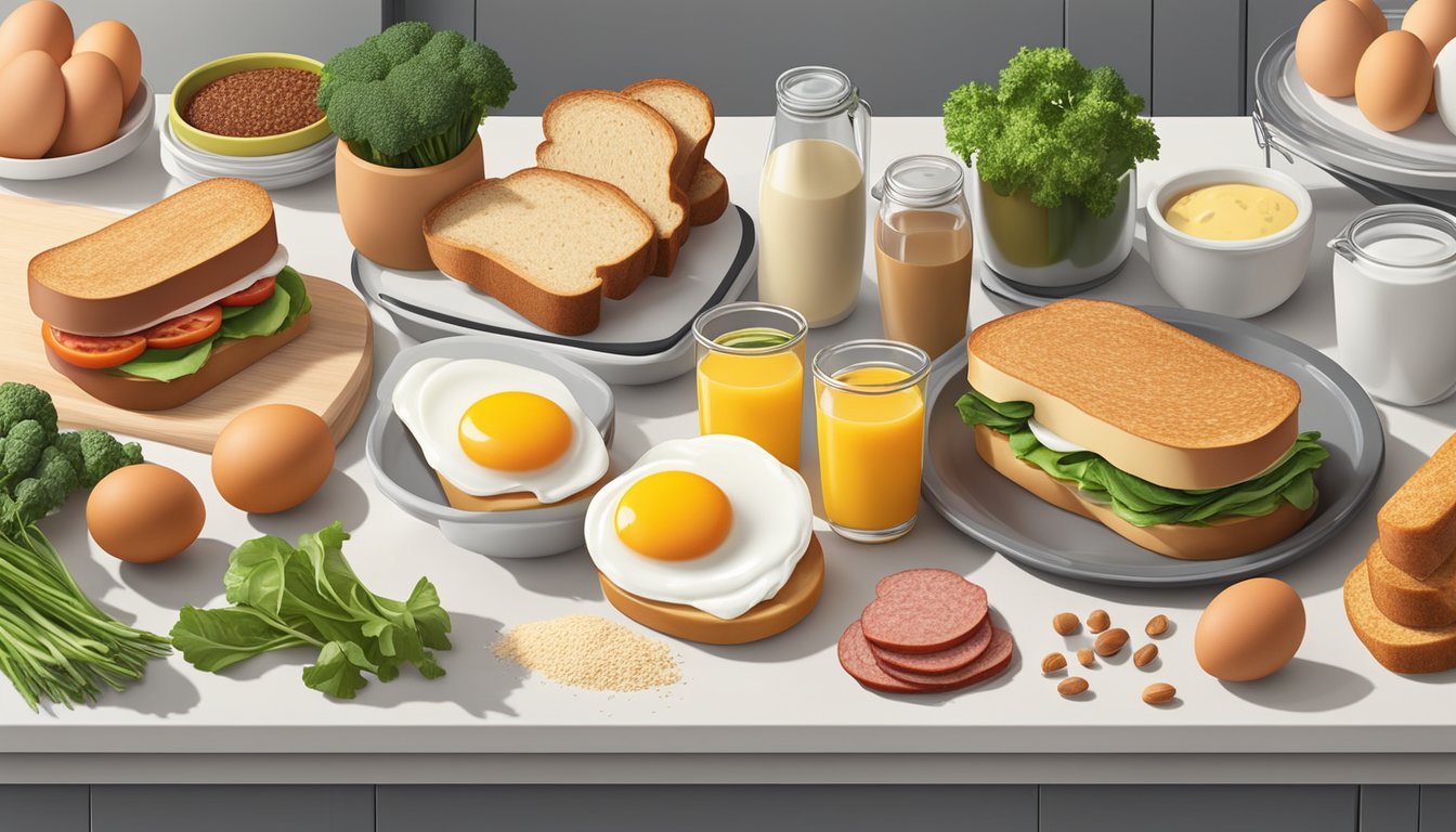 A colorful array of breakfast sandwich ingredients, including whole grain bread, eggs, lean meats, and fresh vegetables, arranged on a clean, modern kitchen countertop