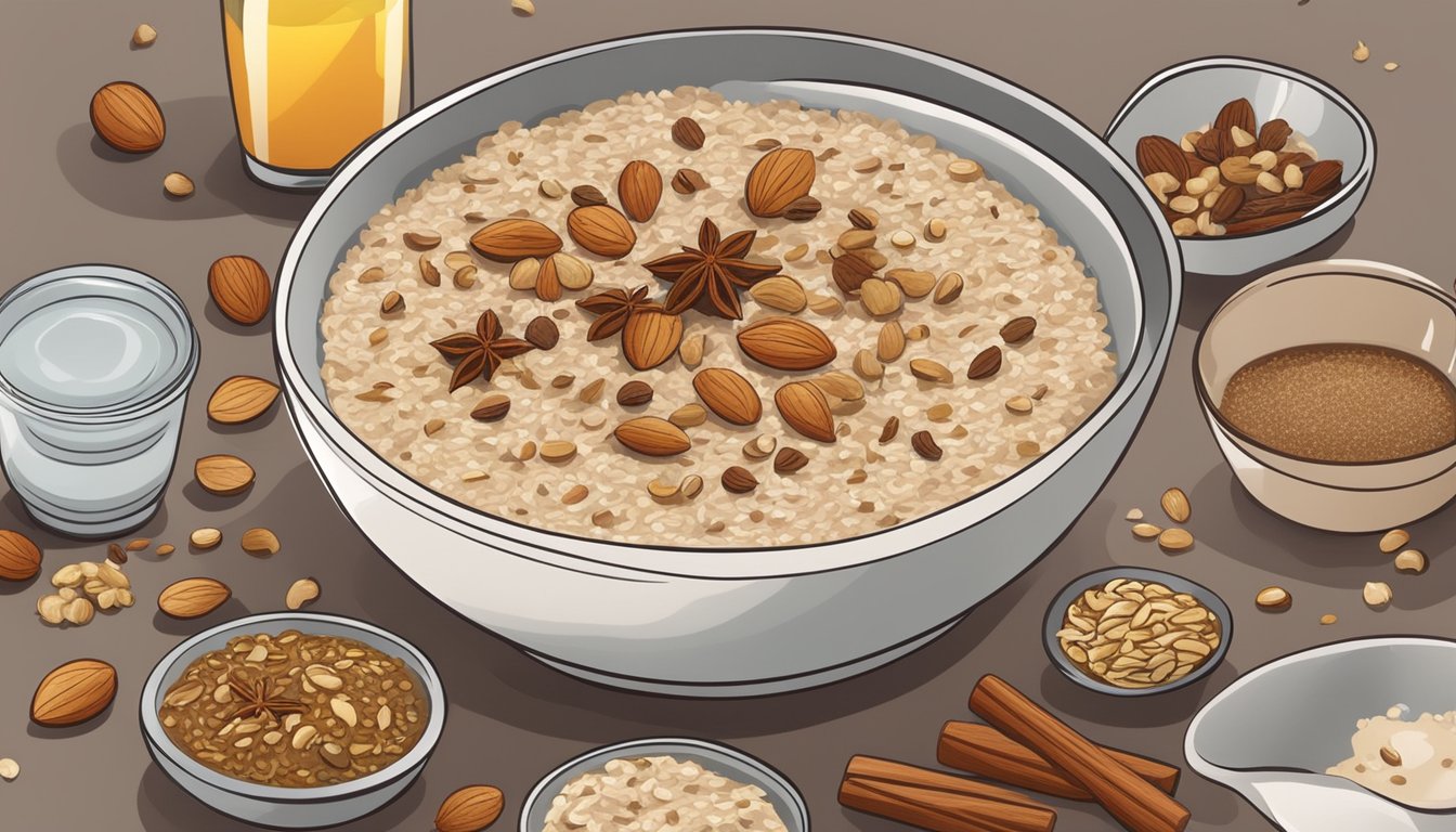 A bowl of oatmeal topped with nuts and spices sits on a table, surrounded by other breakfast leftovers