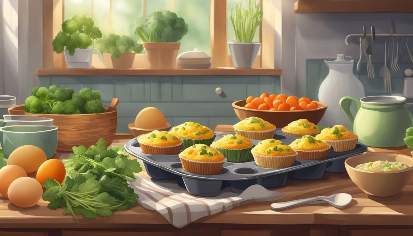 A platter of colorful egg muffins surrounded by various vegetables and herbs, set against a backdrop of a cozy kitchen with natural light streaming in