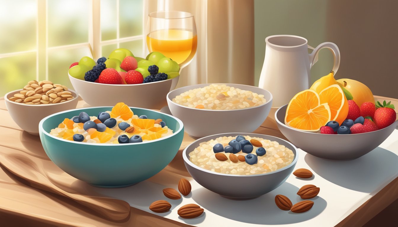 A table set with various bowls of colorful porridge, surrounded by fresh fruits and nuts, with a warm, inviting glow from the morning sunlight